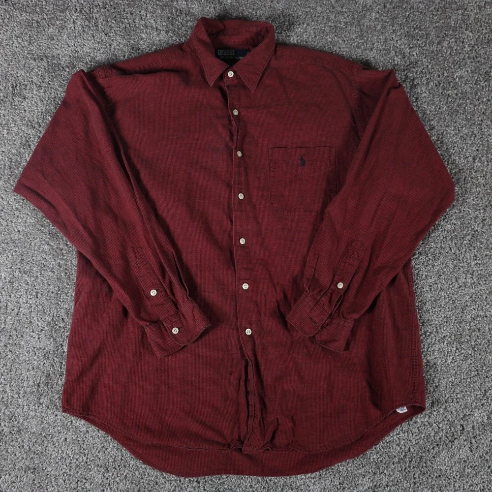 Vintage Polo Ralph Lauren Mens Large Red Navy Check Cotton Linen Button Shirt